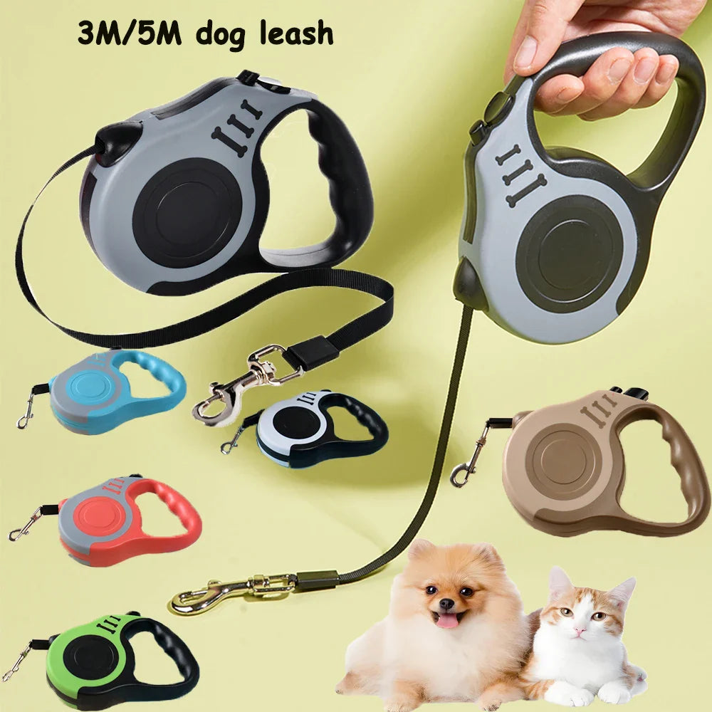 Retractable Dog Leash 3m/5m (9.8ft/16.4ft) Nylon Rope with Quick-Release ABS Case and Paw Print Keychain