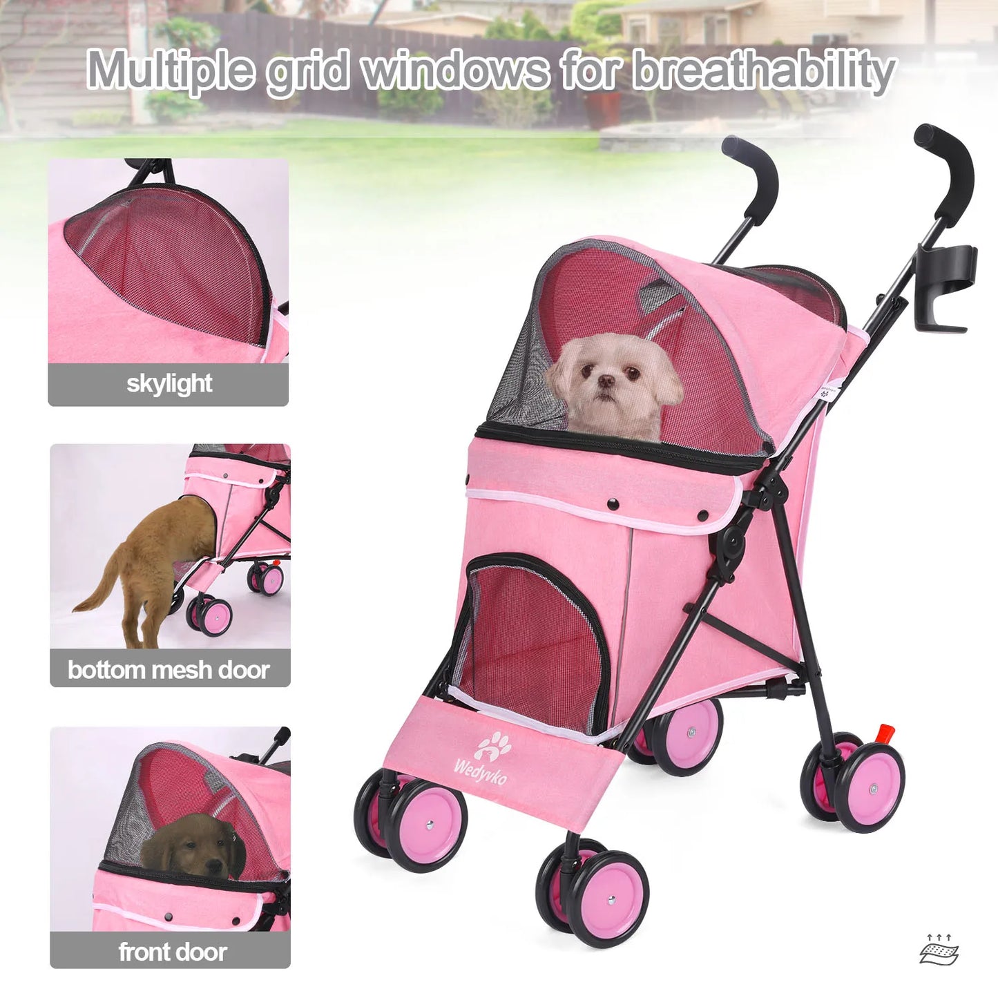 4-Wheel Pet Stroller for Dogs & Cats with Rotating Front Wheels, Brakes and Storage for Travel & Outdoor