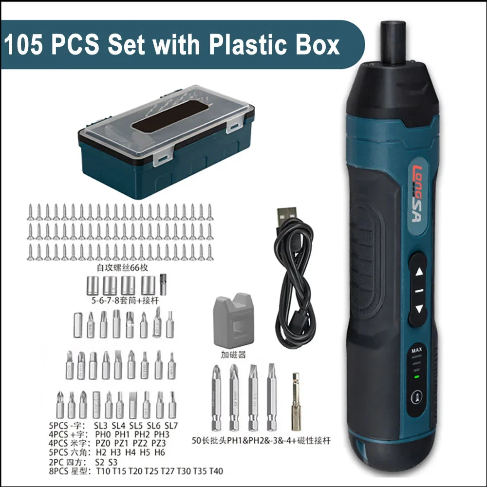 3.6V Mini Cordless Electric Screwdriver — Torque Adjustable Straight Handle, 6.35mm (1/4") Hex Chuck, 1300mAh Lithium Battery