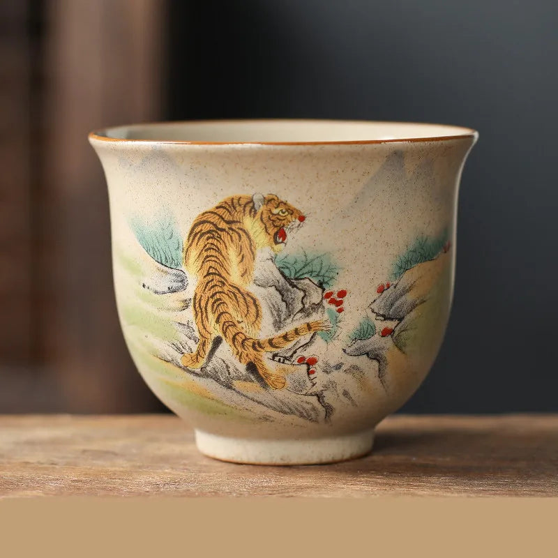Handmade Zodiac Ceramic Teacup 110ml (3.7 fl oz) Vintage Pottery Tea Bowl for Meditation & Gongfu Tea