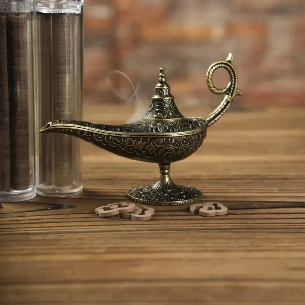 Antique Metal Incense Burner - Aladdin Lamp Style Aroma Diffuser for Home Decor and Air Purification