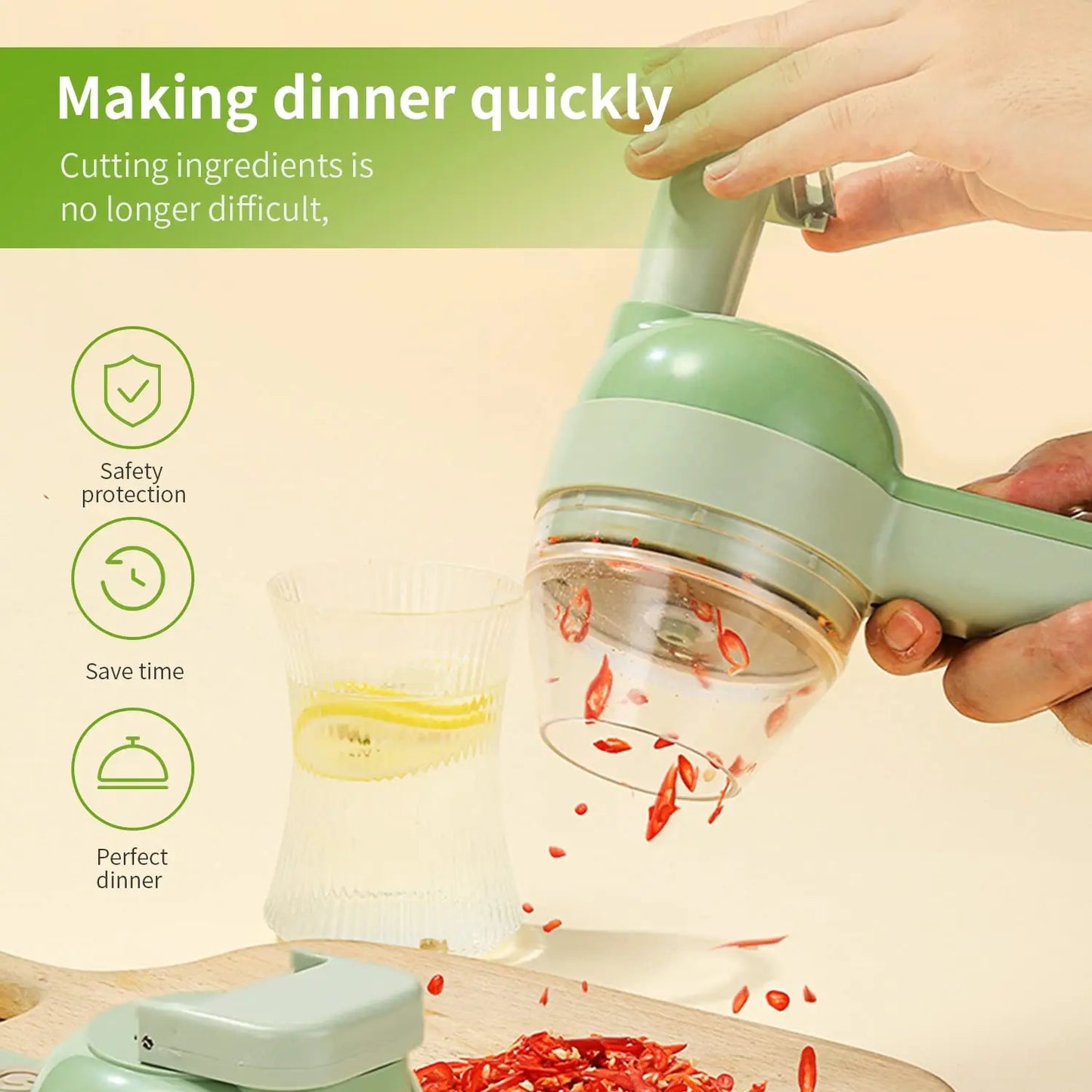 4-in-1 Rechargeable Electric Handheld Vegetable Cutter, Wireless Garlic Chopper, Onion Slicer & Shredder
