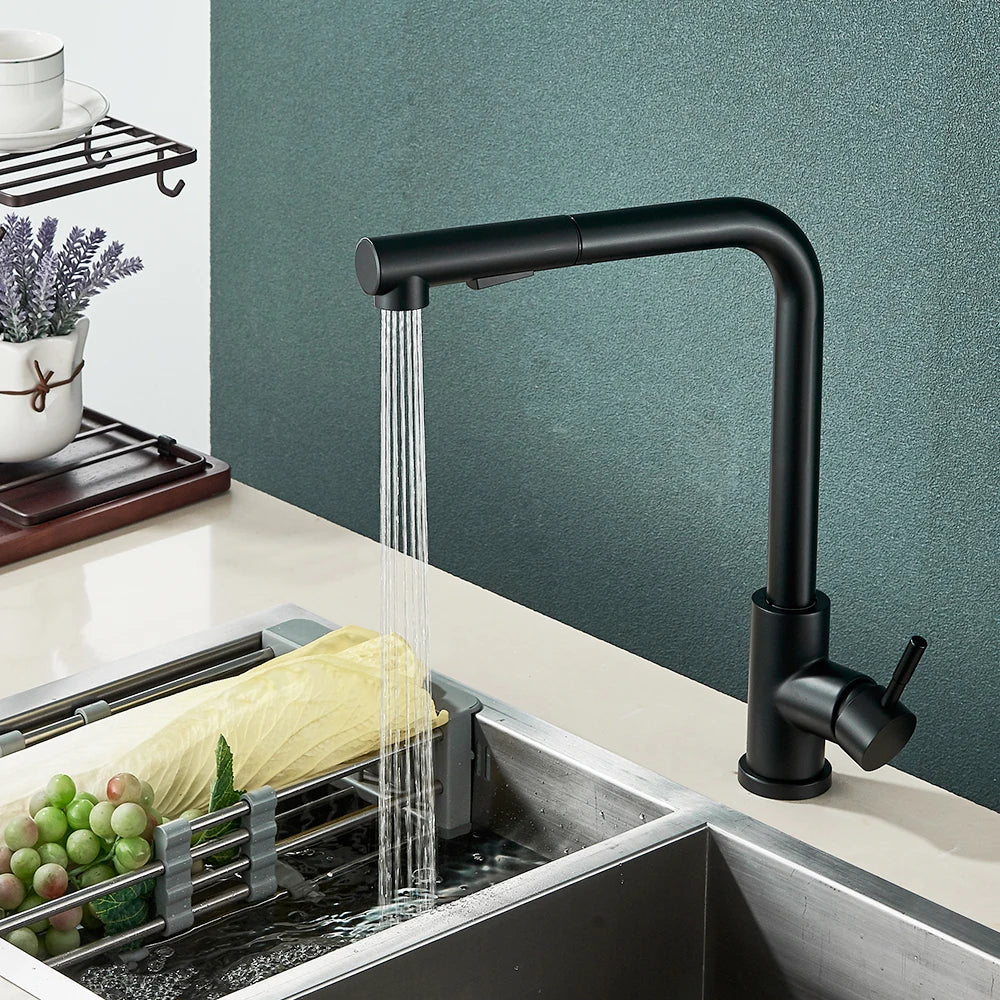 Black Pull-Out Kitchen Faucet Retractable Spray Single-Handle Deck-Mounted Mixer Tap Hot & Cold