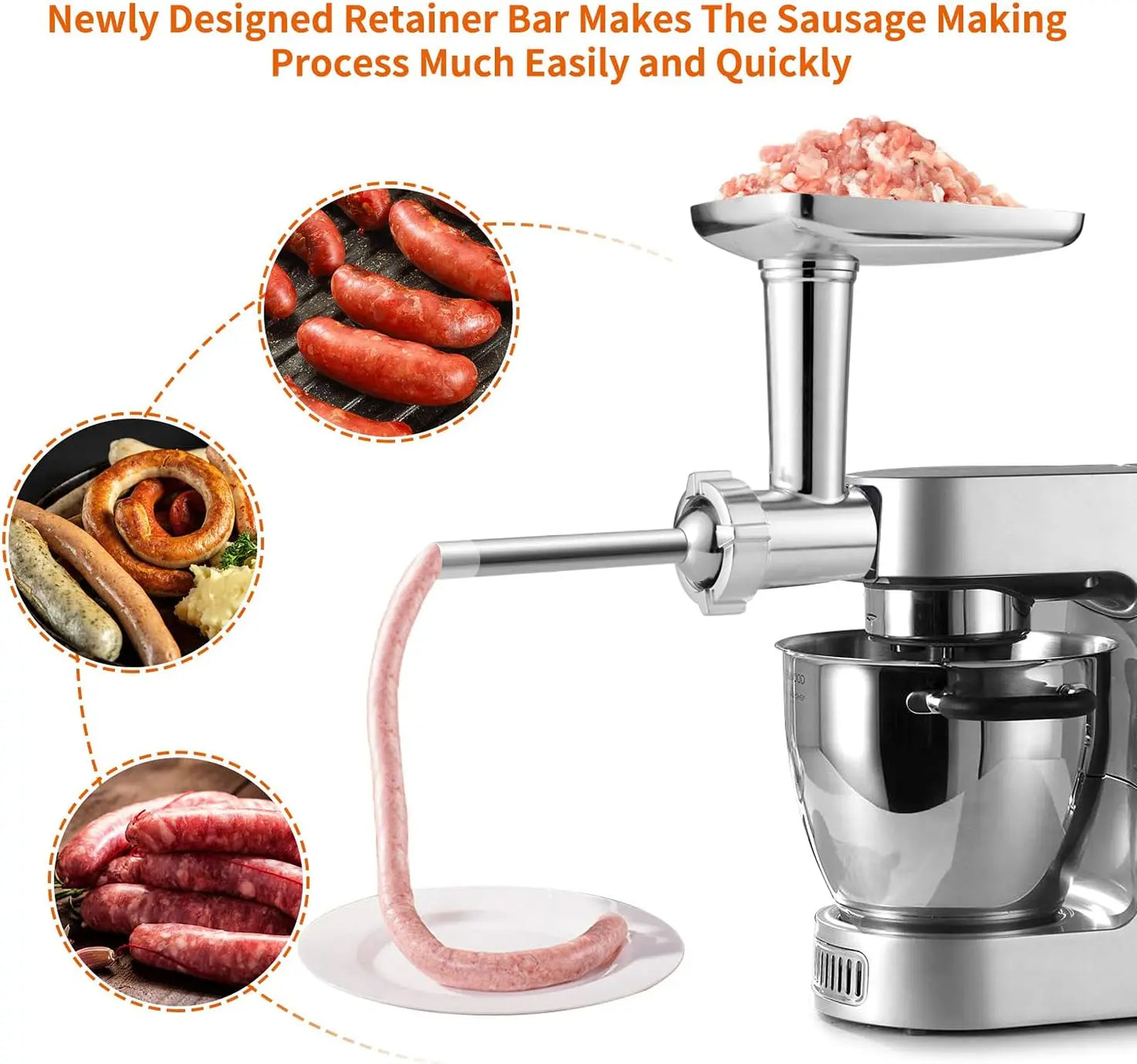Stand Mixer Pasta & Meat Grinder Attachment Kit – Stainless Steel Fettuccine Cutter 6mm, Adjustable Roller, Sausage Stuffer & Cleaning Brush