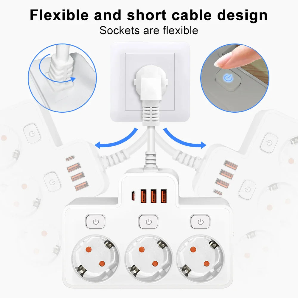 EU Wall-Mounted Power Strip — 3 AC Outlets + 4 USB Ports, Independent Switches, 0.5 m (20 in) Cord