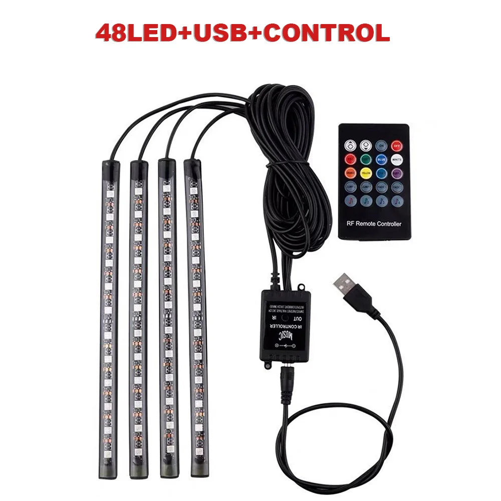 36/48/72 LED RGB Car Interior Footwell Ambient Light Strip USB or Cigarette Lighter Powered Remote, Voice & App Control