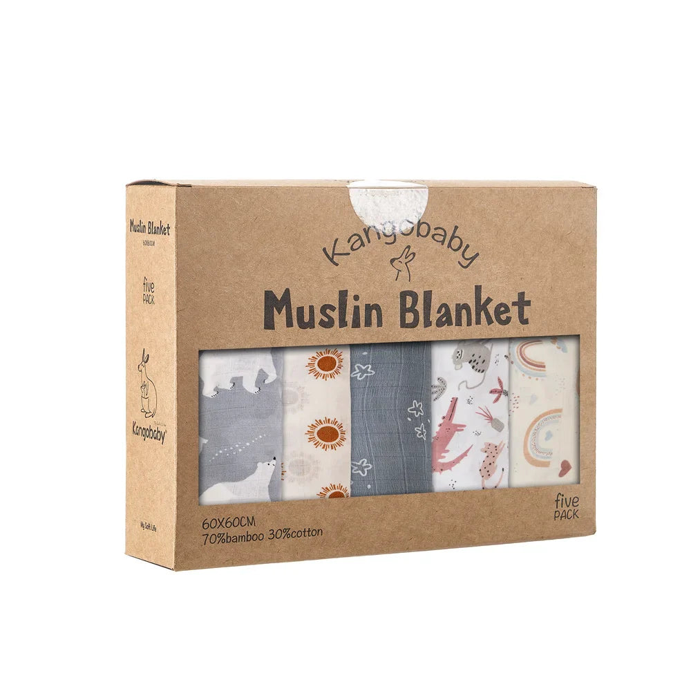 5-Pack Bamboo Cotton Muslin Baby Blankets & Burp Cloths 60 x 60 cm (23.6 x 23.6 in) Soft Breathable Multi-Functional