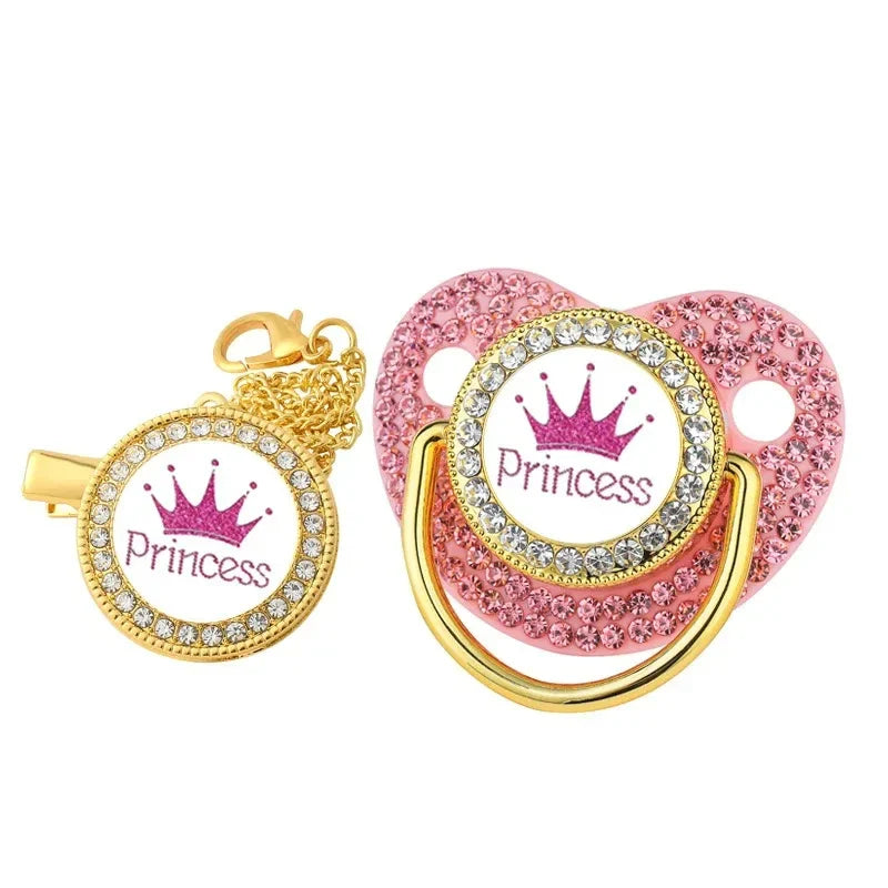 Rhinestone Pacifier Clip with Lid Silicone Newborn Pacifier Holder Princess Crown Bling Infant Shower Gift
