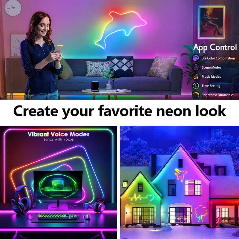 24V RGB LED Neon Strip Light – 5m/16.4ft, 10m/32.8ft, 15m/49.2ft, 20m/65.6ft, 30m/98.4ft | Bluetooth App & 24/44-Key Remote, Music Sync, 60 LED/m, IP67 Waterproof
