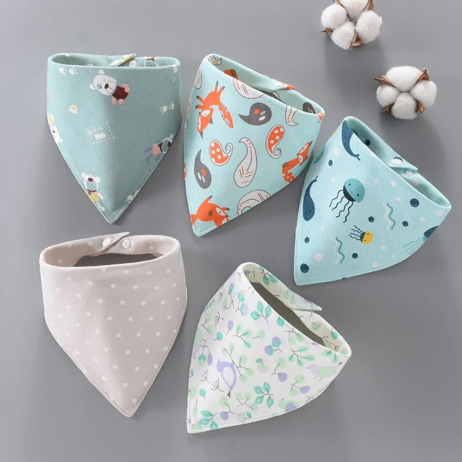 5-Pack Cotton Bandana Bibs – Waterproof Absorbent Baby Triangle Scarves, Cartoon Unisex Bibs