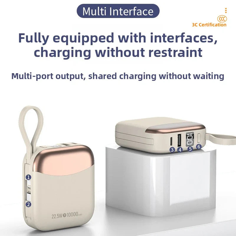 10000mAh 65W Portable Power Bank with Built-in Cables – Fast Charging USB-C External Battery