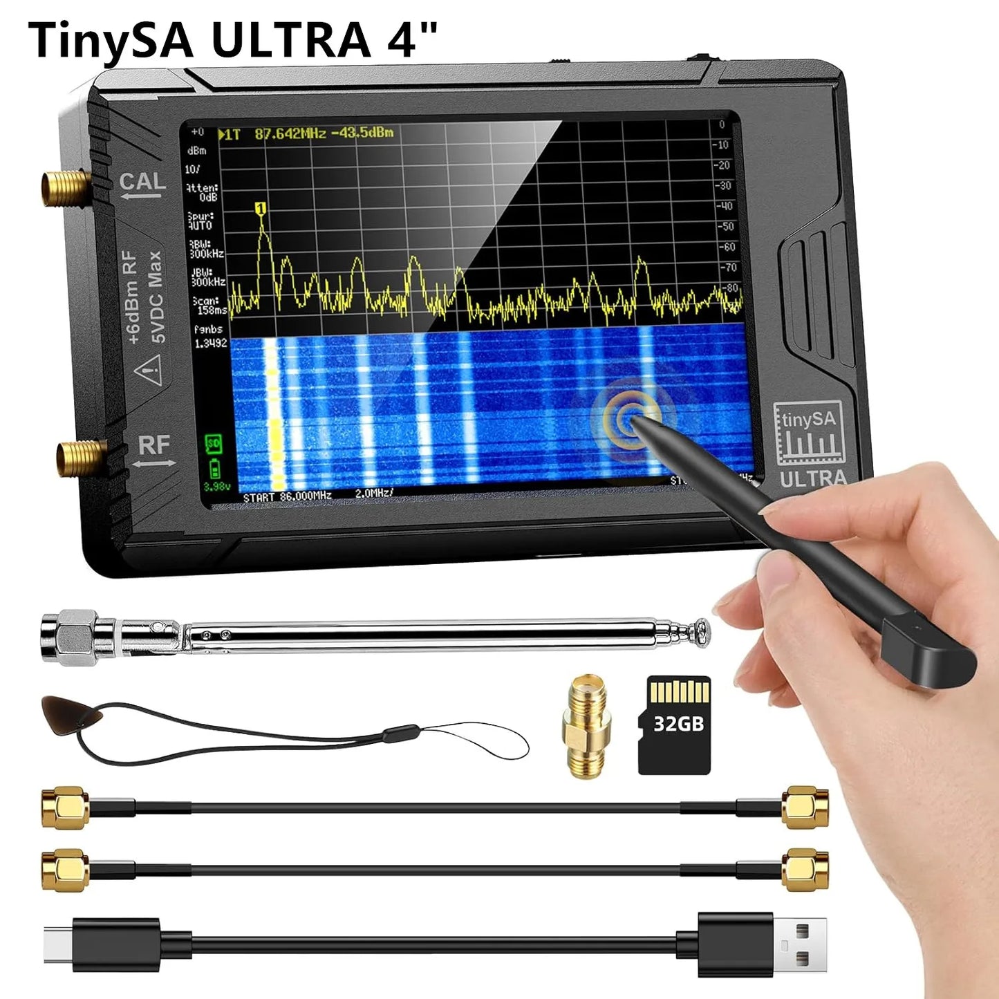Handheld 4-Inch (10.2 cm) Portable Spectrum Analyzer 100 kHz–5.3 GHz with 32GB microSD — Signal Generator & USB PC Control