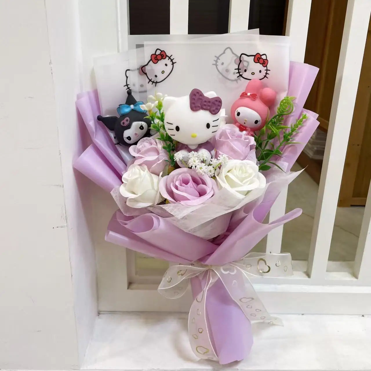Kawaii Cat Plush Bouquet with Artificial Flowers — Cute Plush Doll Gift for Her, Valentine, Birthday, Graduation