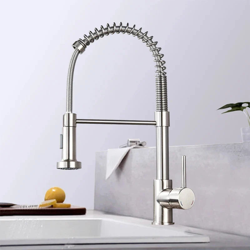 Brushed Nickel Pull-Out Kitchen Faucet — Deck-Mounted Single-Handle 360° Rotating Sprayer, Hot & Cold
