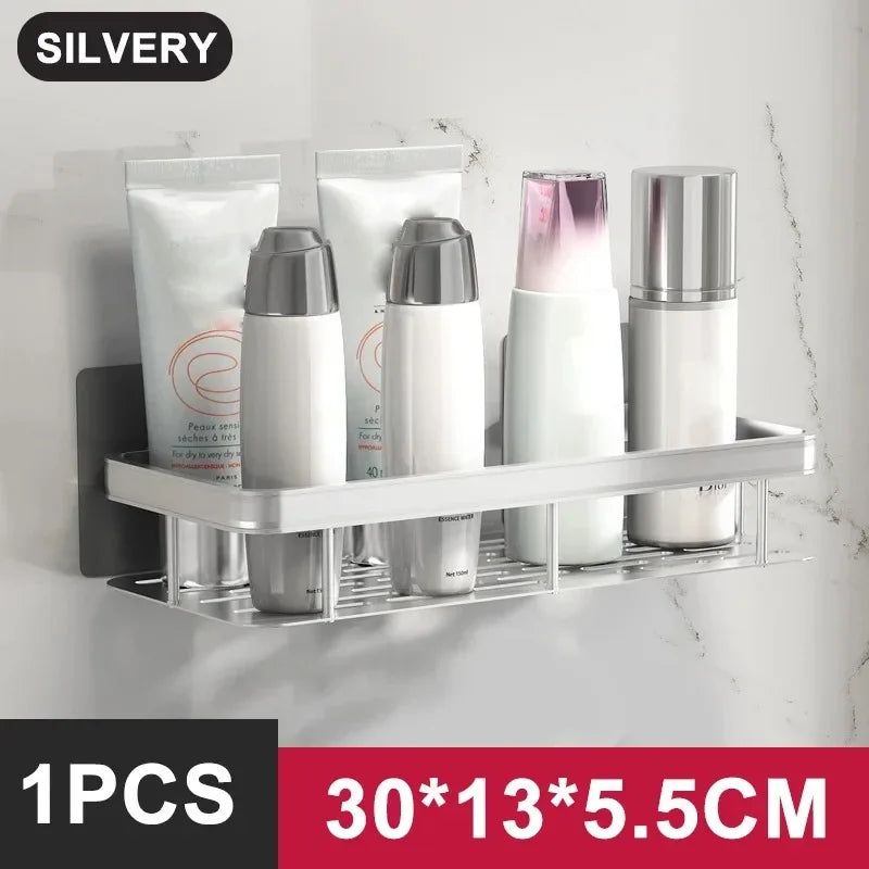 No-Drill Aluminum Alloy Bathroom Shower Shelf Wall-Mounted Shampoo Rack and Kitchen Organizer