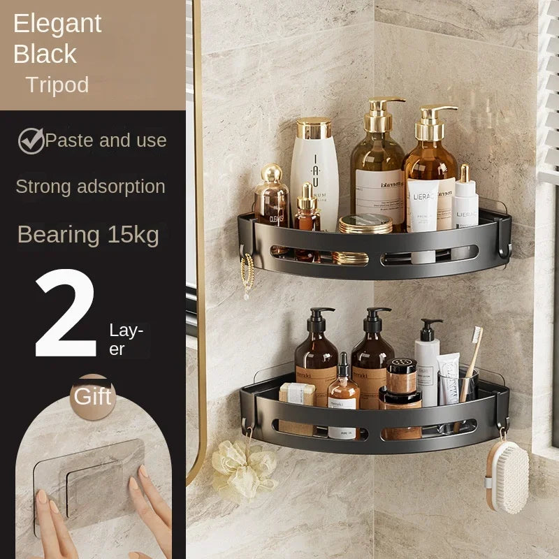1/2/3-Pack Matte Black No-Drill Adhesive Shower Shelf – Rustproof Waterproof Wall-Mounted Organizer for Shampoo & Towels