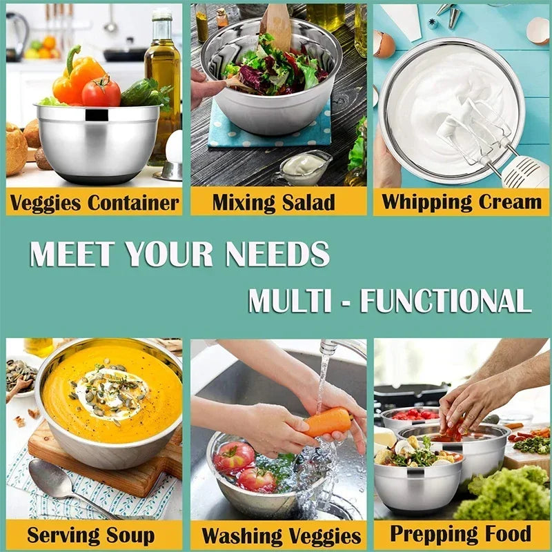 6-Piece Stainless Steel Mixing Bowls with Lids & Silicone Non-Slip Bases — Thickened Baking and Salad Bowls