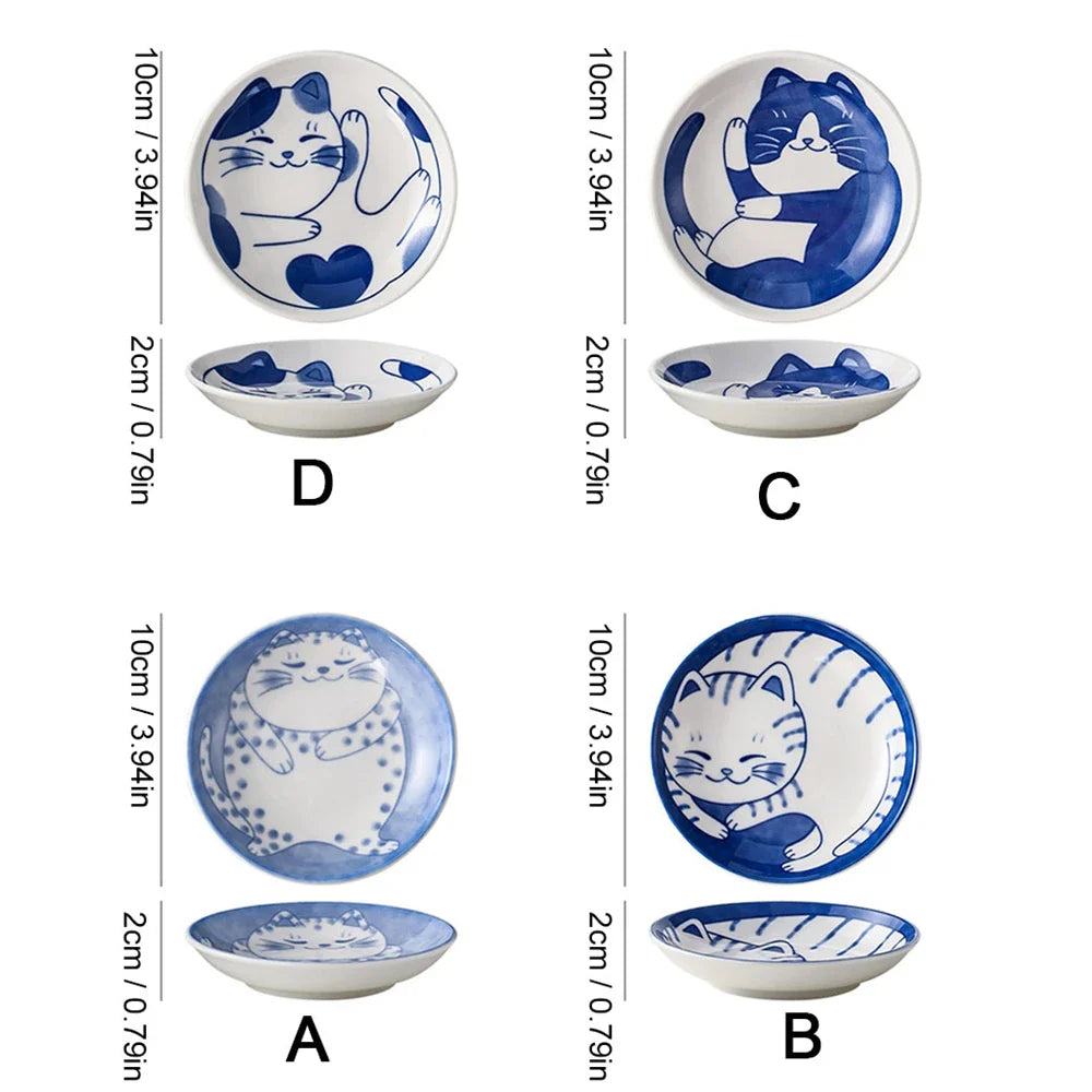 Japanese-Style Ceramic Lucky Cat Sauce Dish - Cute Dessert & Sushi Plate (1 or 4-Pack)