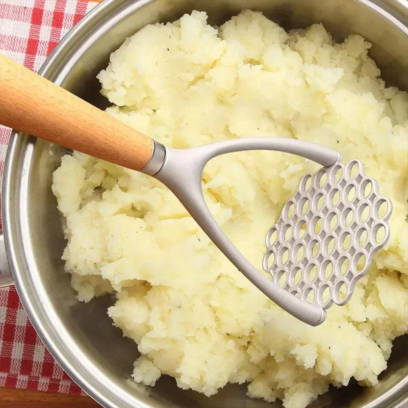 Aluminum Potato Masher with Wood Handle, Manual Ricer & Garlic Pusher Kitchen Tool