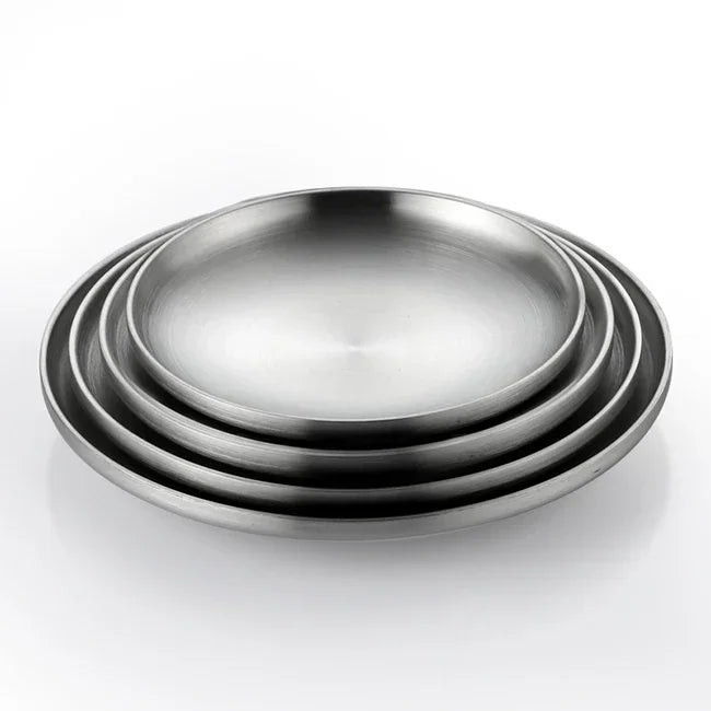 304 Stainless Steel Double-Walled Insulated Round Plate for Dinner, Snacks & Fruit