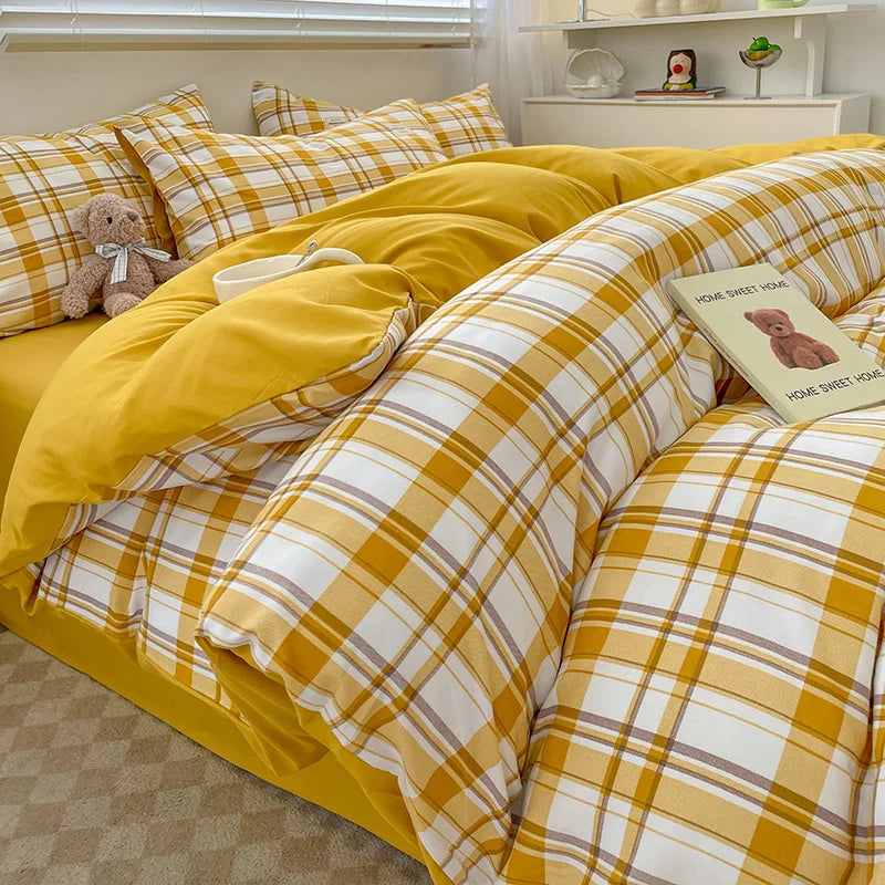 Nordic Plaid Washed Cotton Bedding Set - Duvet Cover + Pillowcases & Flat Sheet - Twin/Full/Queen/King