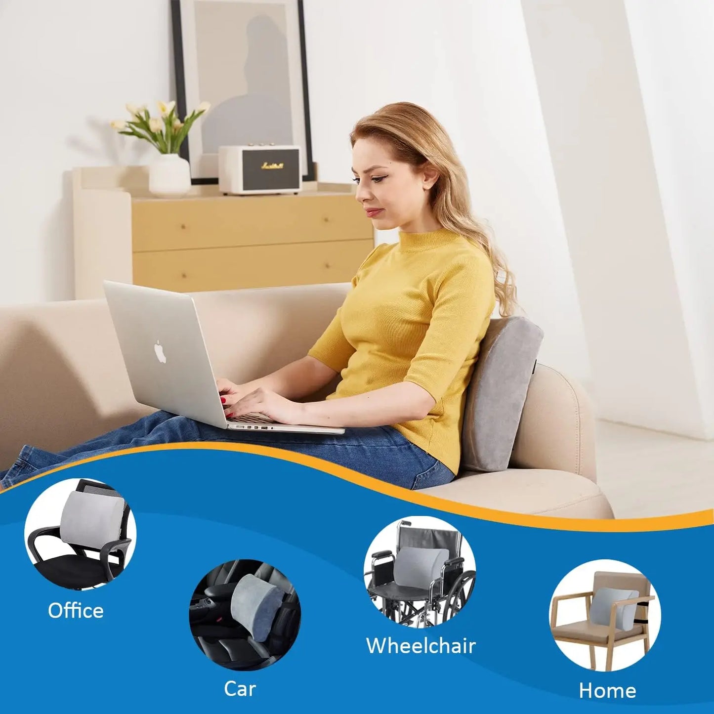 Memory Foam Lumbar Support Cushion for Office, Car & Student Chairs, Breathable Removable Cover (Blue)