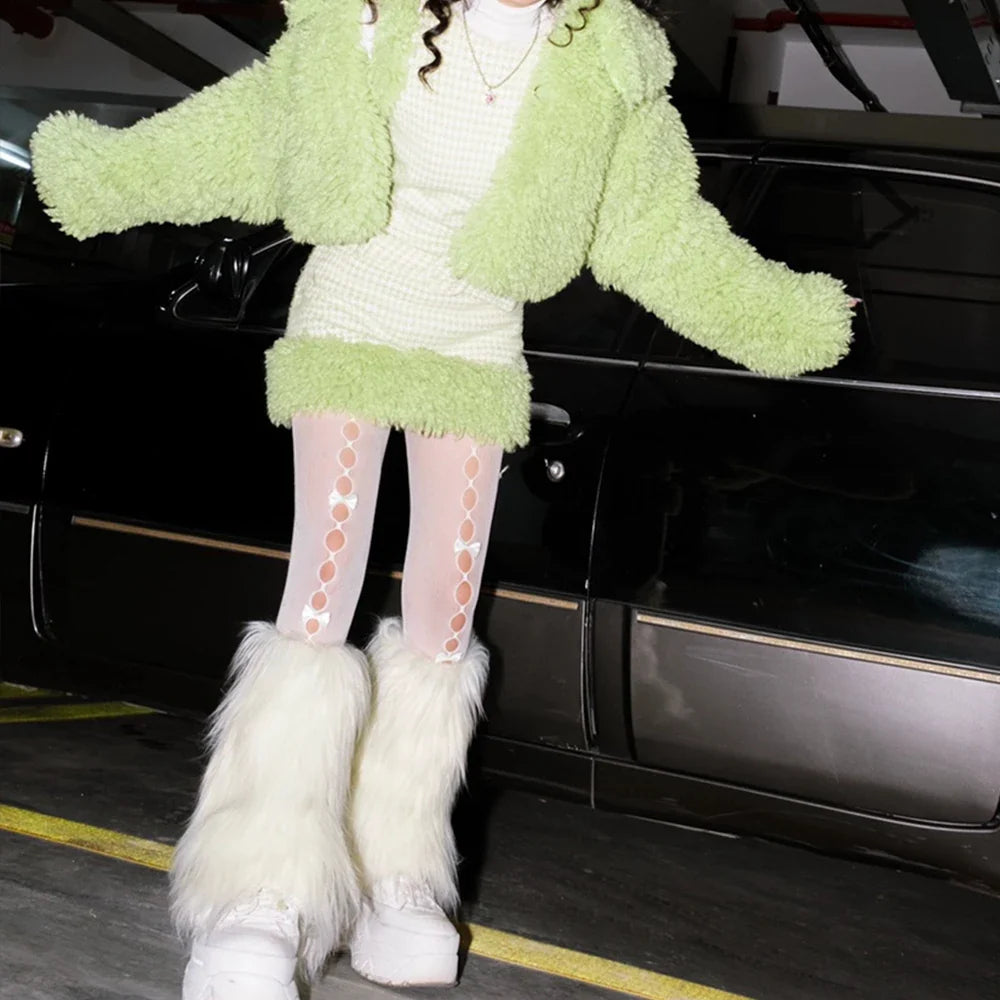 White Faux Fur Leg Warmers Y2K Goth Knee-High Boot Covers
