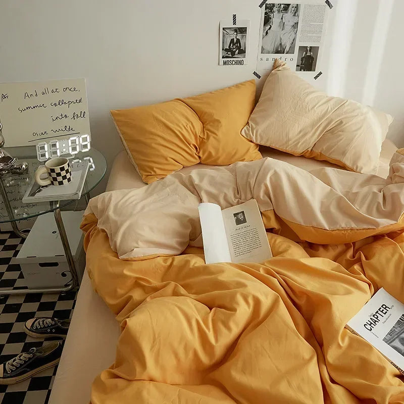 Washed Cotton Solid 4-Piece Bedding Set – 1.5 m (5 ft / 60 in) & 1.8 m (6 ft / 72 in) Duvet Cover, Fitted Sheet & Envelope Pillowcases