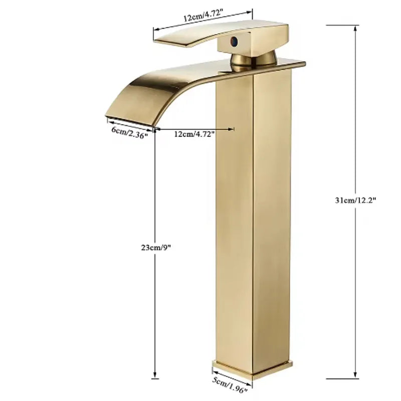 Brushed Gold Waterfall Bathroom Faucet - Single Lever Deck-Mount Basin Mixer, Single Hole, Stainless Steel Ceramic Valve