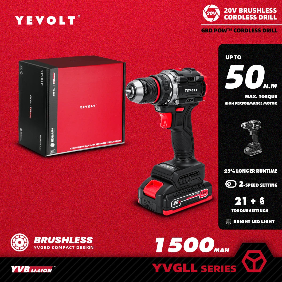 20V Brushless Cordless Drill Driver, Compact 21+1 Torque Keyless 3/8\" (0.8–10mm) Handheld Screwdriver with LED