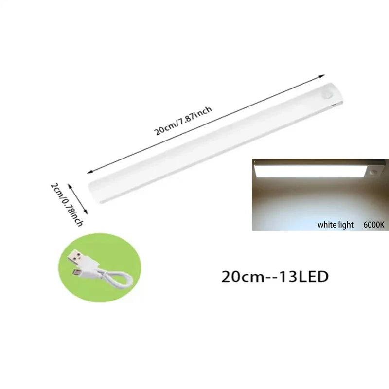 PIR Motion Sensor LED Under-Cabinet Rechargeable Night Light — Dimmable Magnetic Closet Stair Kitchen Light Bar (10–50 cm / 4–20 in)