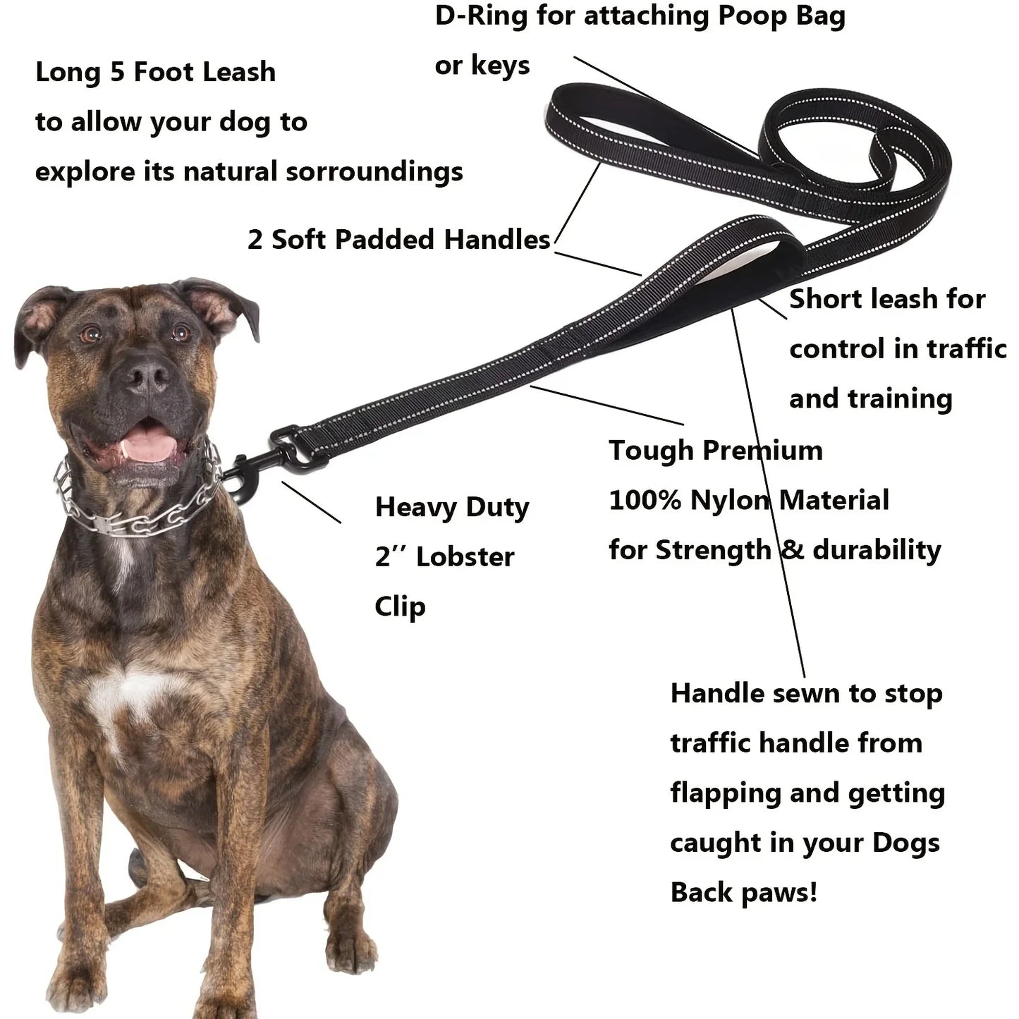 Heavy Duty Double Handle Dog Leash - Dual Handle Training Lead for Outdoor Travel & Greater Control