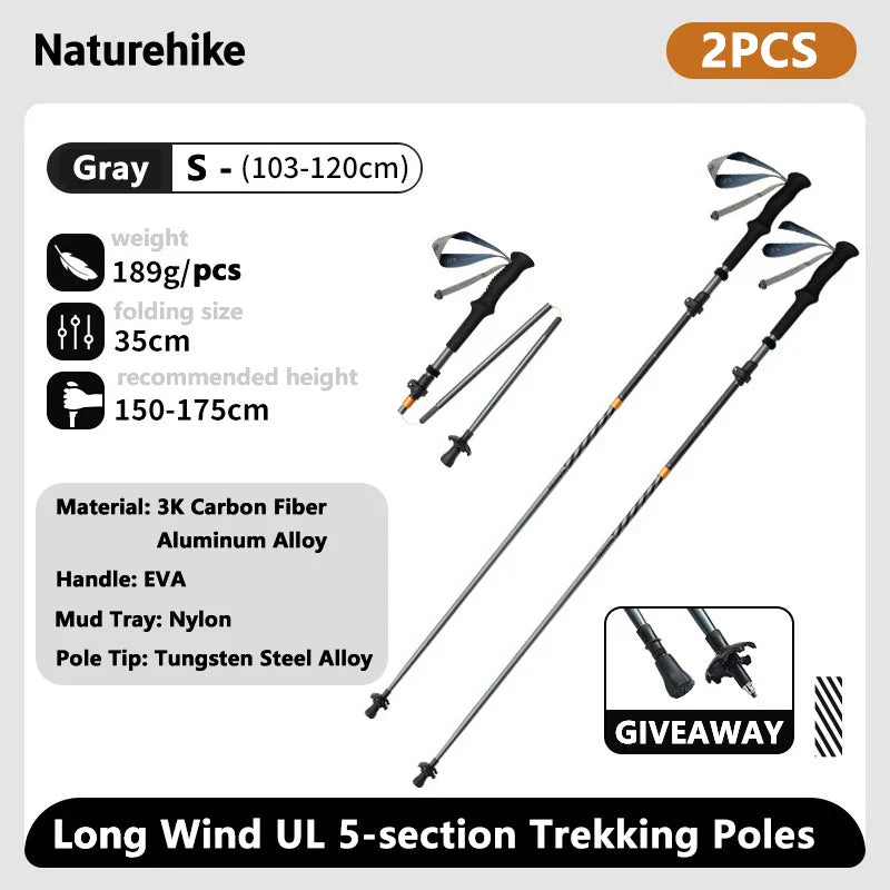 Ultralight Carbon Fiber 5-Section Folding Trekking Poles, Collapsible Quick-Lock Hiking Poles Adjustable 103–120 cm (40.6–47.2 in) or 115–135 cm (45.3–53.2 in)