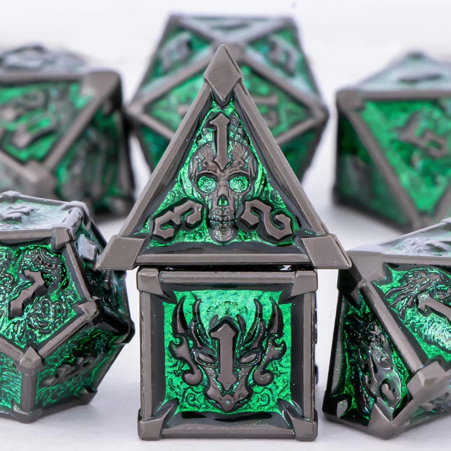 Skull and Dragon Metal Dice Set - 7-Piece Polyhedral DnD Dice for Dungeons & Dragons Tabletop RPG