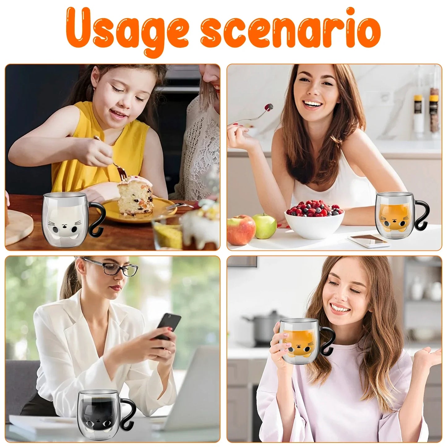 Cute Cat Double-Wall Insulated Glass Coffee Mug with Handle, Cartoon Couple Teacup for Home & Office