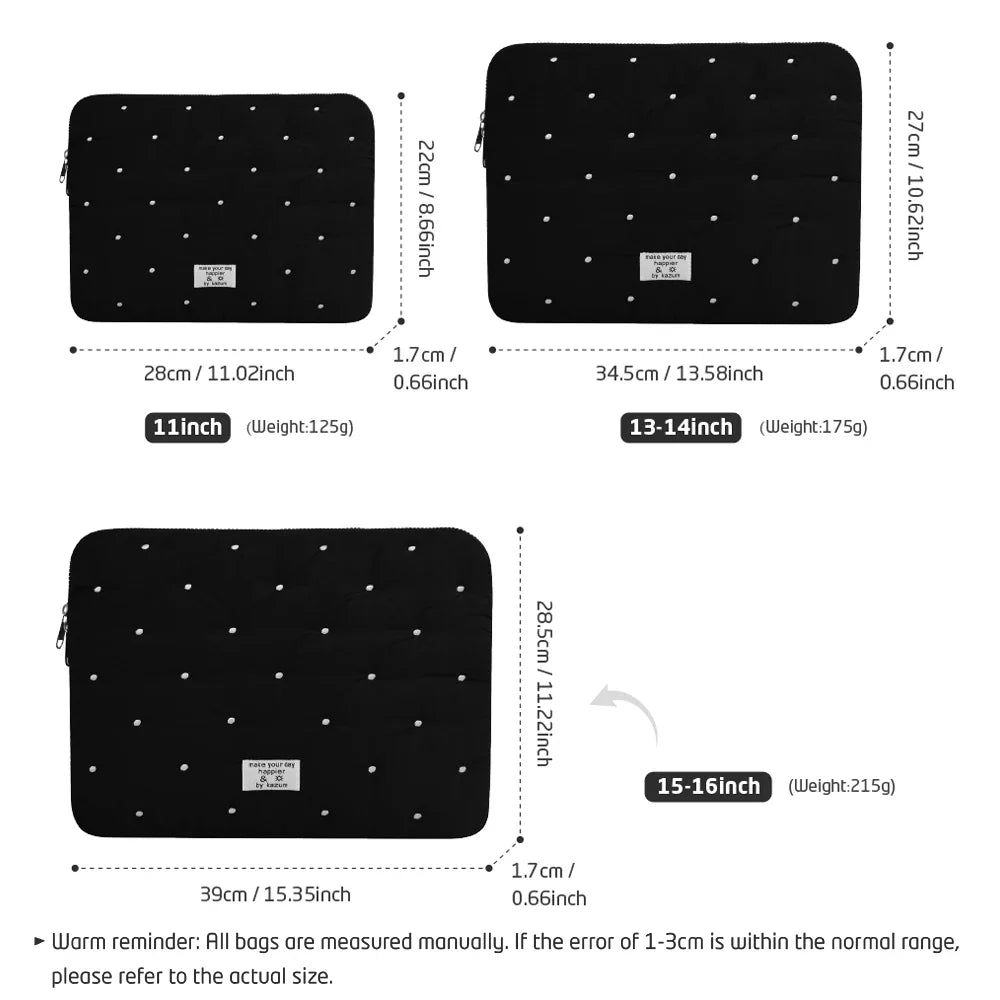 Puffy Quilted Laptop Sleeve for Women — 13–14 in (34–36 cm), 15–16 in (38–41 cm) & 9–11 in (23–28 cm) Tablet Pouch