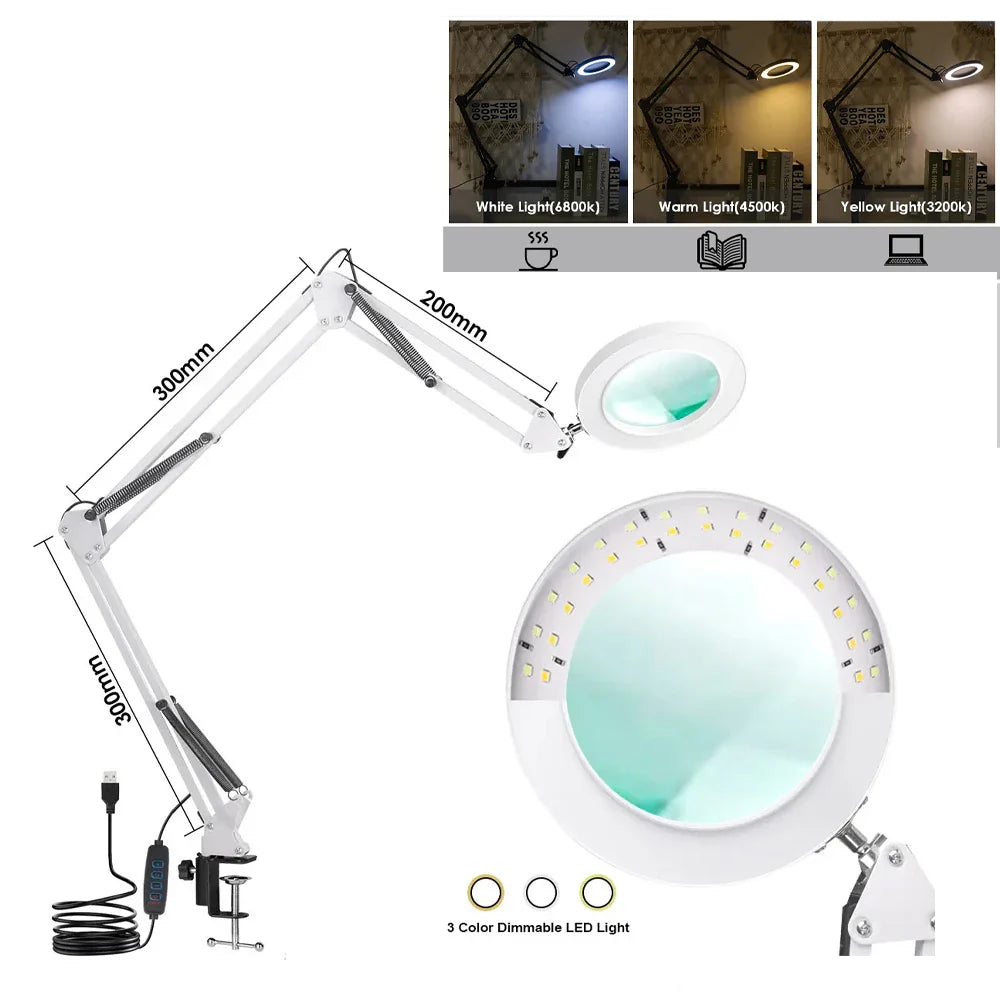 72-LED 4.2-Inch (106 mm) 8X/10X USB Illuminated Magnifying Lamp — 3-Color LED, Adjustable Swing Arm Clamp for Soldering, Repair & Beauty