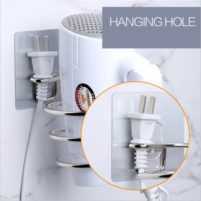 Wall-Mounted Hair Dryer Holder Stainless Steel Spiral Stand – Nail-Free Adhesive, 12 x 10 cm (4.72 x 3.94 in)