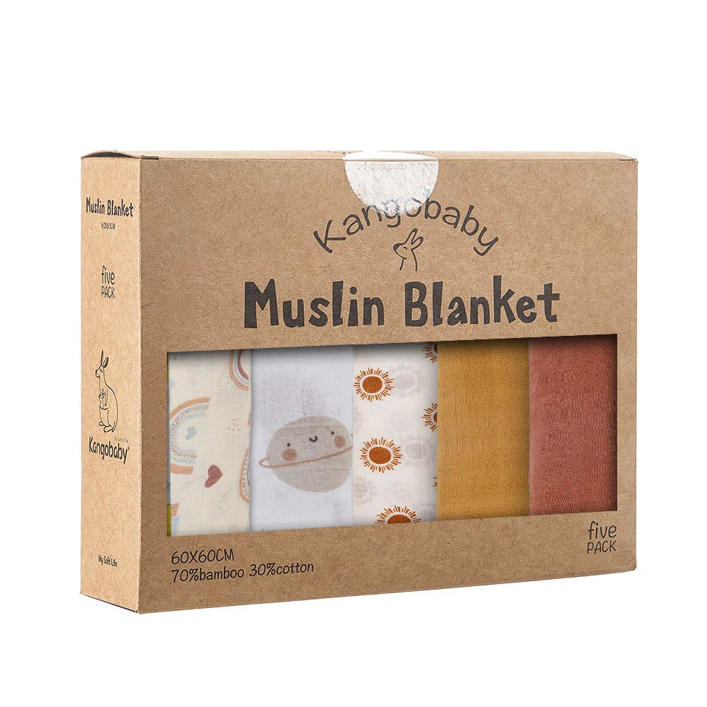 5-Pack Bamboo Cotton Muslin Baby Blankets & Burp Cloths 60 x 60 cm (23.6 x 23.6 in) Soft Breathable Multi-Functional