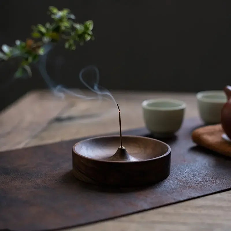 Black Walnut Solid Wood Incense Burner - Handmade Round Incense Stick Holder & Agarwood Tray for Tea Ceremony Home Decor