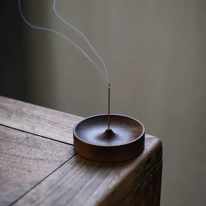 Black Walnut Solid Wood Incense Burner - Handmade Round Incense Stick Holder & Agarwood Tray for Tea Ceremony Home Decor