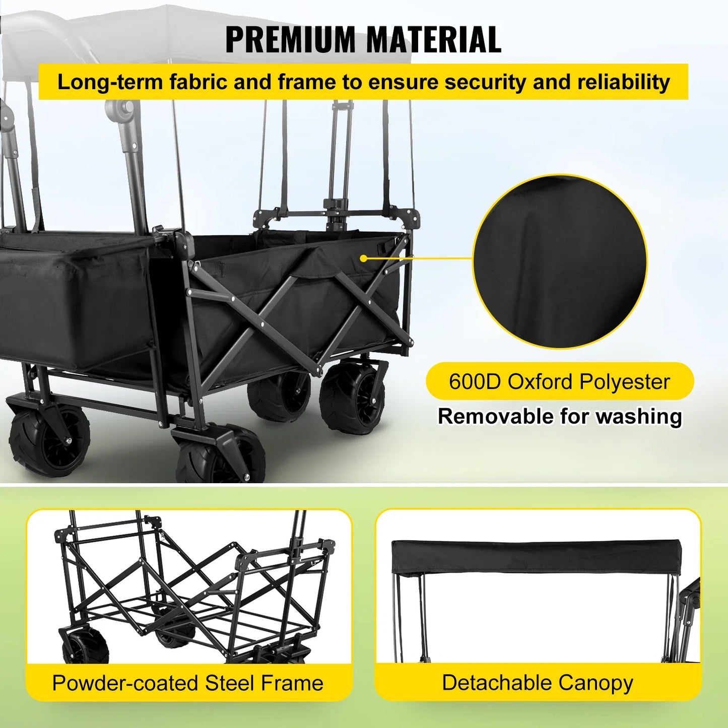 Folding Collapsible Wagon Cart with Adjustable Handle, Removable Canopy — 600D Oxford Utility Beach & Camping Cart