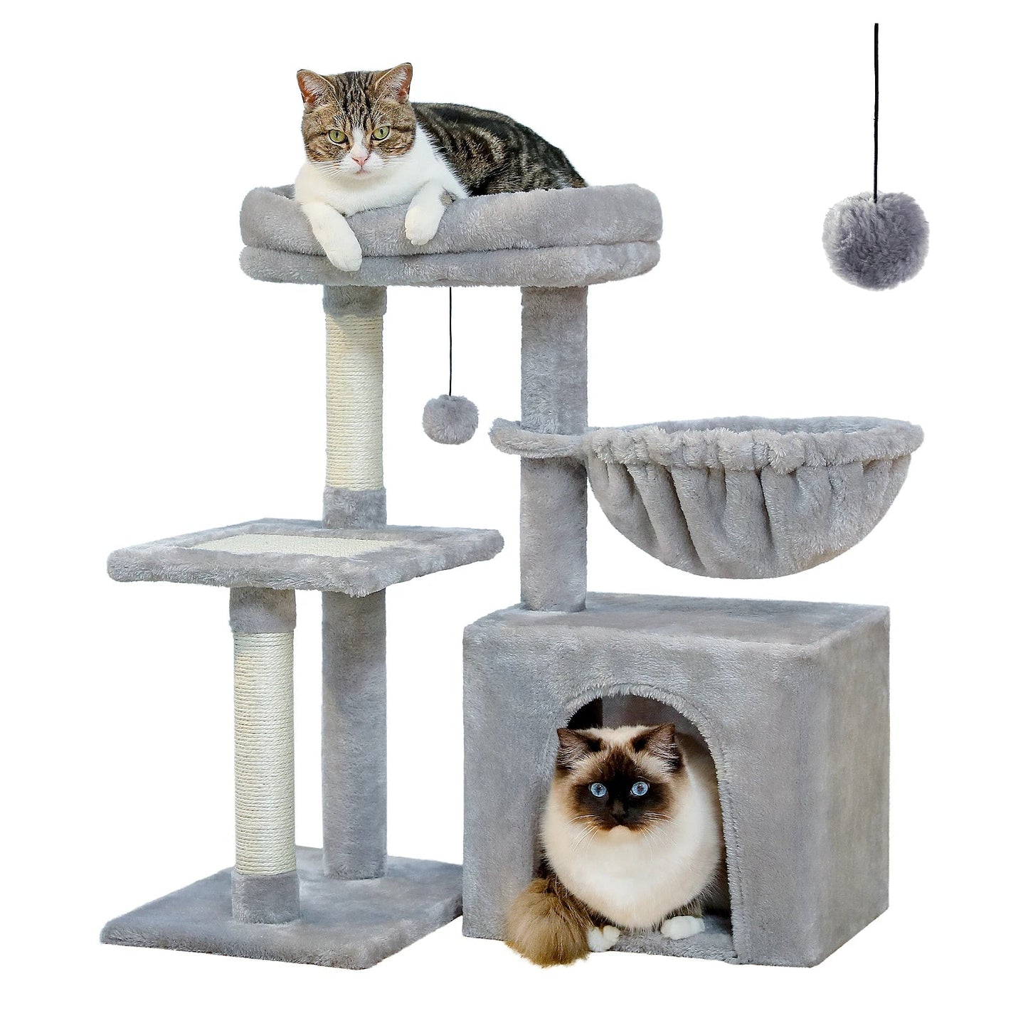 3-Tier Indoor Cat Tree Tower with Sisal Scratching Posts, Large Hammock & Removable Top Perch – Grey