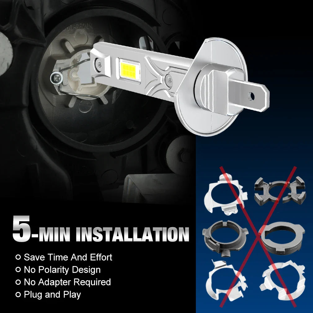 H1 LED Headlight Bulbs 12V 150W 60000LM 6500K White CANbus Plug-and-Play 2-Pack