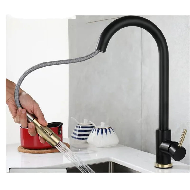 Black Pull-Out Kitchen Faucet 2-Mode Spray & Stream, Deck-Mounted Single-Handle Mixer, 304 Stainless Steel, 1/2-inch Connection