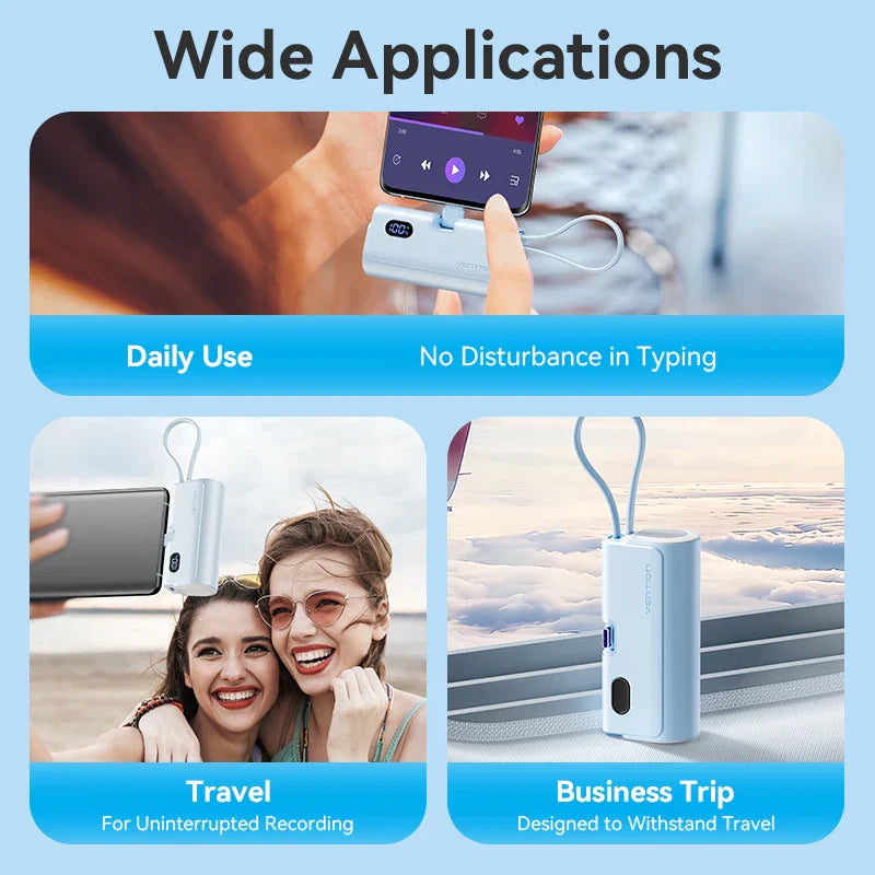 Mini Power Bank 4800mAh 22.5W USB-C PD Portable Charger with Built-In Lightning Cable – Fast External Battery for iPhone Samsung Xiaomi
