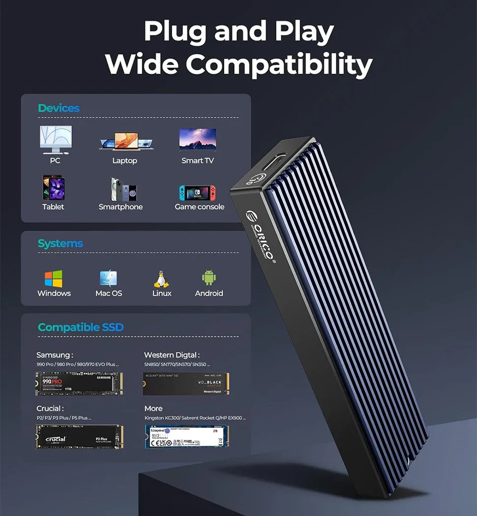 M.2 NVMe & SATA External SSD Enclosure USB-C / USB-A 10Gbps (USB 3.2 Gen2) Compatible with 2230/2242/2260/2280 Up to 4TB
