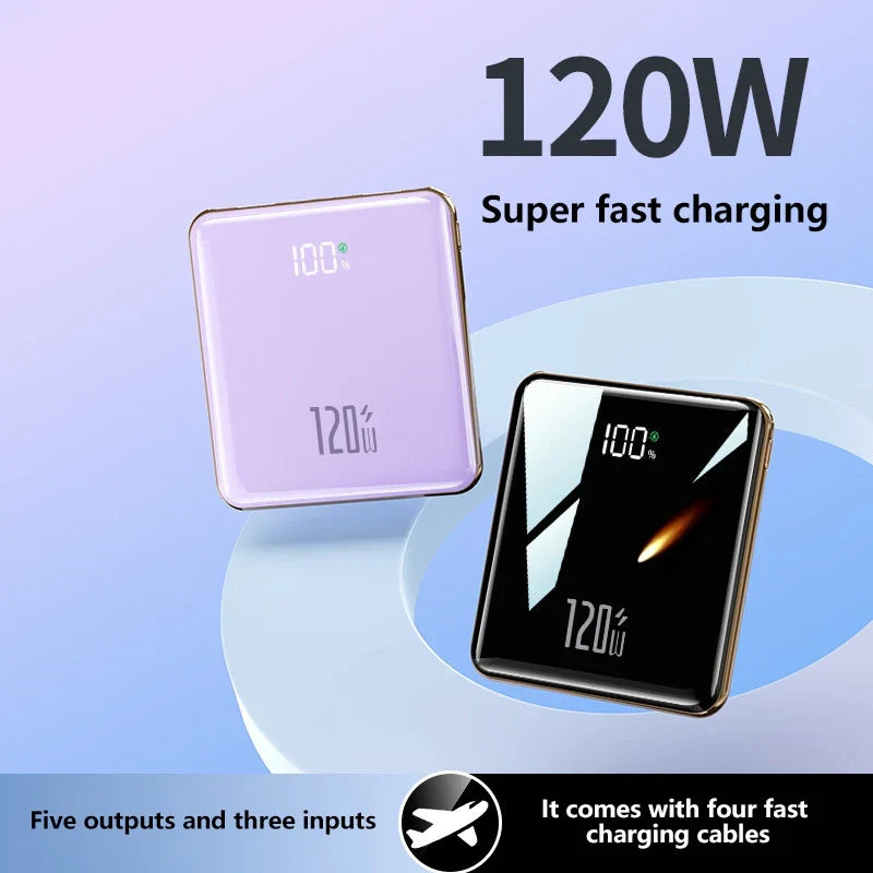 50000mAh Mini Power Bank - Large Capacity Fast Charging Portable Charger with 4 Built-In Cables (USB-C, Lightning, Micro USB) for Smartphones