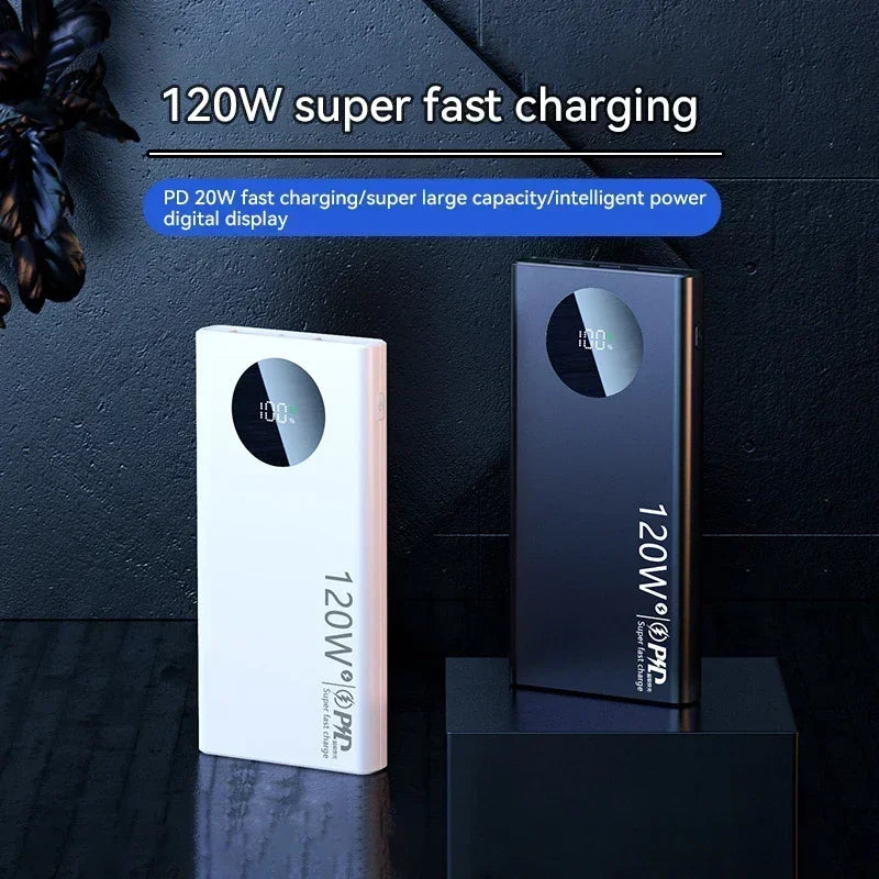120W Fast Charging Power Bank — Portable Battery 10000/30000/50000mAh with Built-in Cable & LED Display