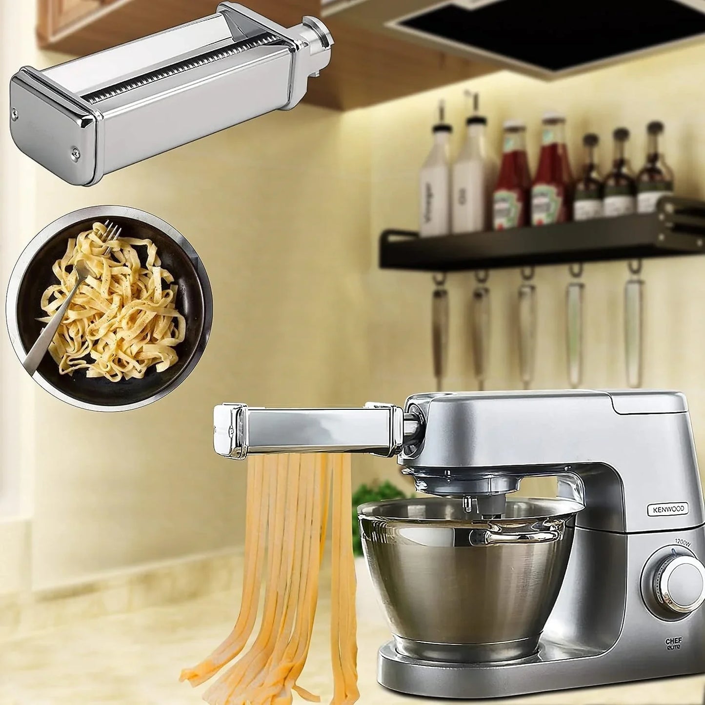 Stand Mixer Pasta & Meat Grinder Attachment Kit – Stainless Steel Fettuccine Cutter 6mm, Adjustable Roller, Sausage Stuffer & Cleaning Brush